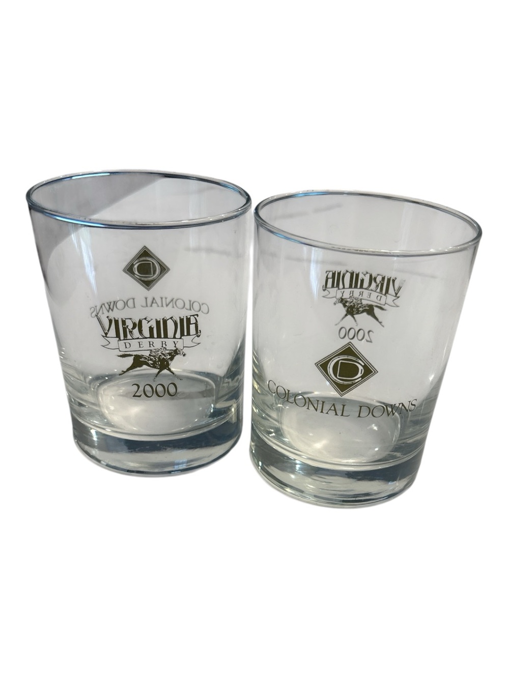 COLONIAL DOWN VIRGINIA DERBY 2000 CLEAR ROCK GLASS SET OF 2 BARWARE 4”H